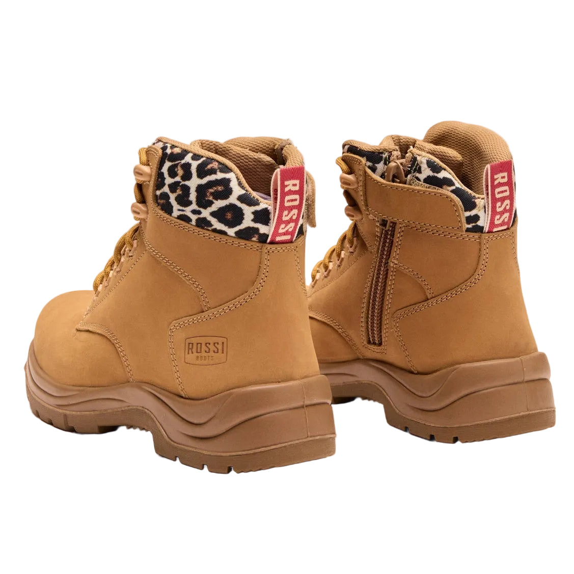 Pair of tan boots with leopard print lining on a white background