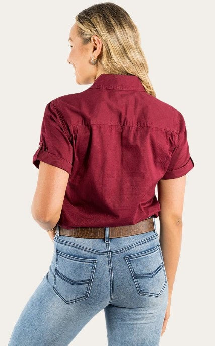Ringers & Western Jules Womens Half Button Short Sleeve Work Shirt Burgundy - 220210420