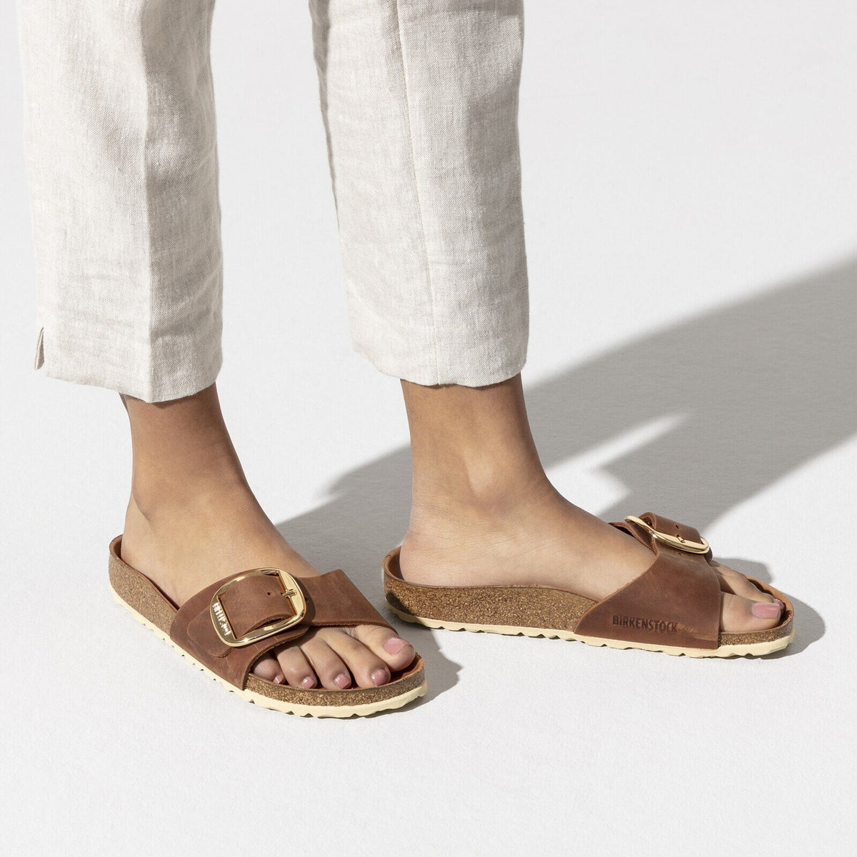 Birkenstock Madrid Big Buckle Cognac Oiled Leather - lifestyle closeup on foot