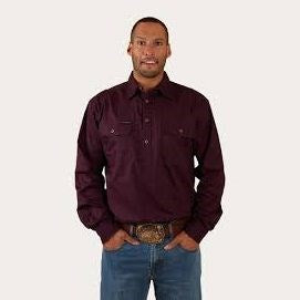 Ringers Western King River Mens Half Button Work Shirt Aubergine - 171110002