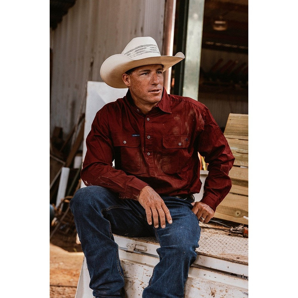 Ringers Western King River Mens Long Sleeve Half Button Work Shirt Burgundy - 171110002