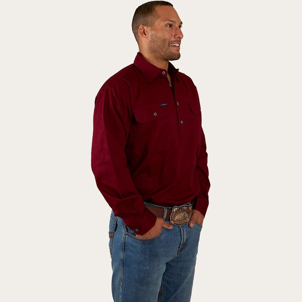 Ringers Western King River Mens Long Sleeve Half Button Work Shirt Burgundy - 171110002