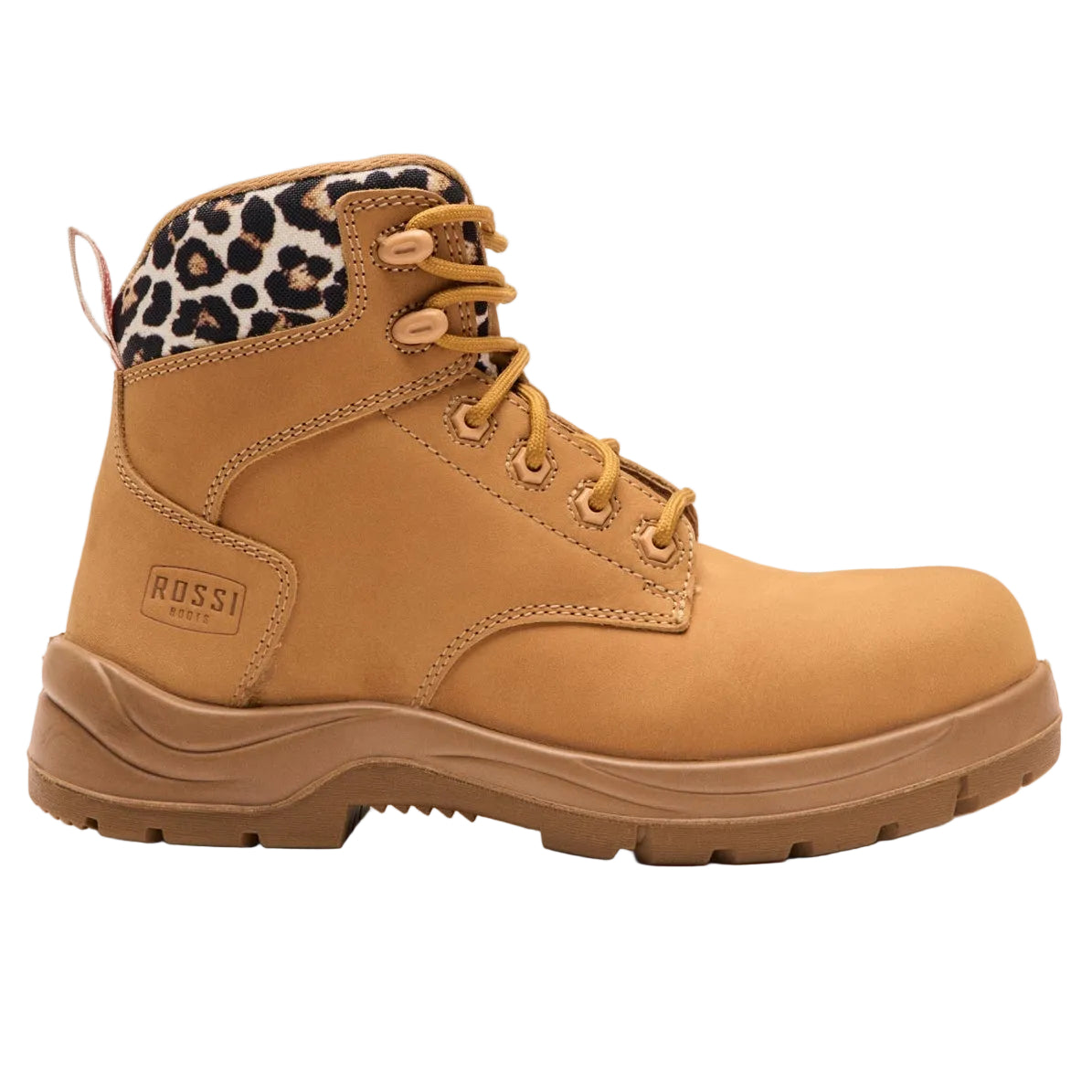 Tan boot with leopard print lining on a white background