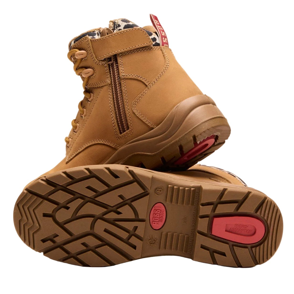 Tan work boot with red sole on a white background