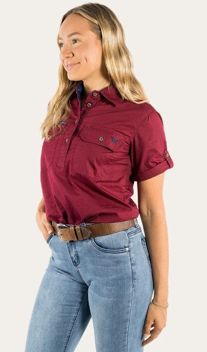 Ringers & Western Jules Womens Half Button Short Sleeve Work Shirt Burgundy - 220210420