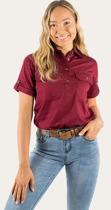 Ringers & Western Jules Womens Half Button Short Sleeve Work Shirt Burgundy - 220210420