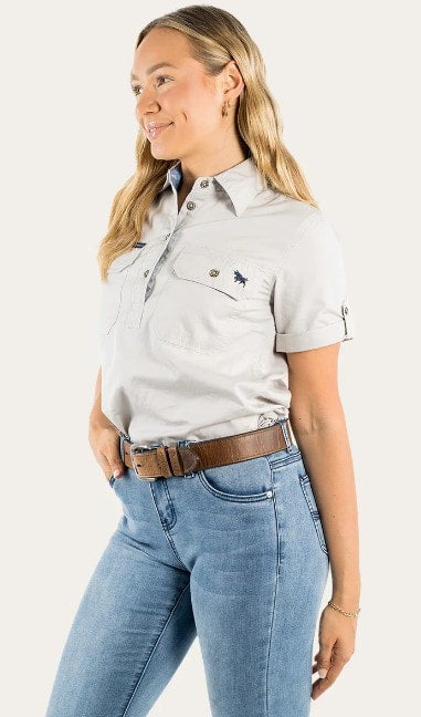 Ringers & Western Jules Womens Half Button Short Sleeve Work Shirt Beige - 220210420