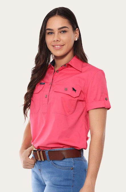 Ringers & Western Jules Womens Half Button Short Sleeve Work Shirt  Melon - 220210420